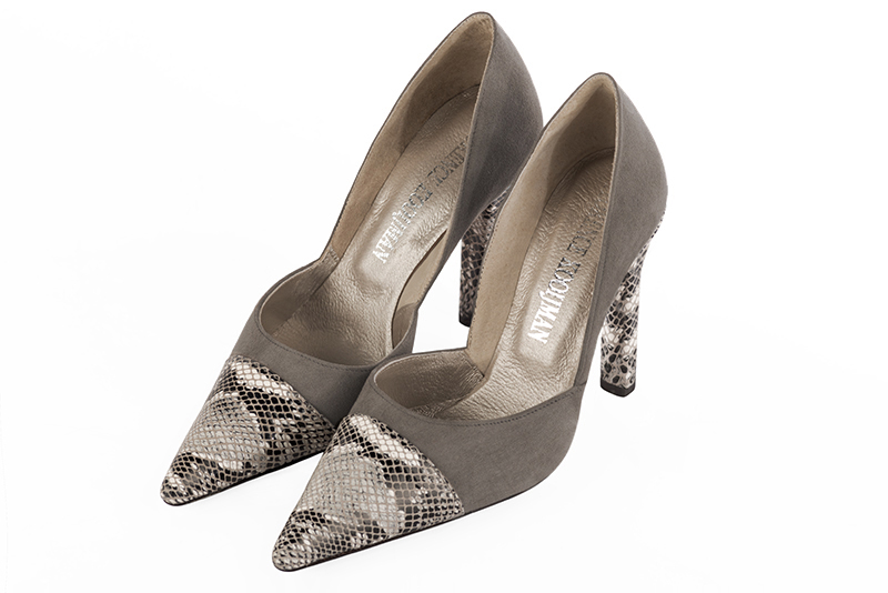 Natural beige and taupe brown women's open arch dress pumps. Pointed toe. Very high slim heel. Front view - Florence KOOIJMAN